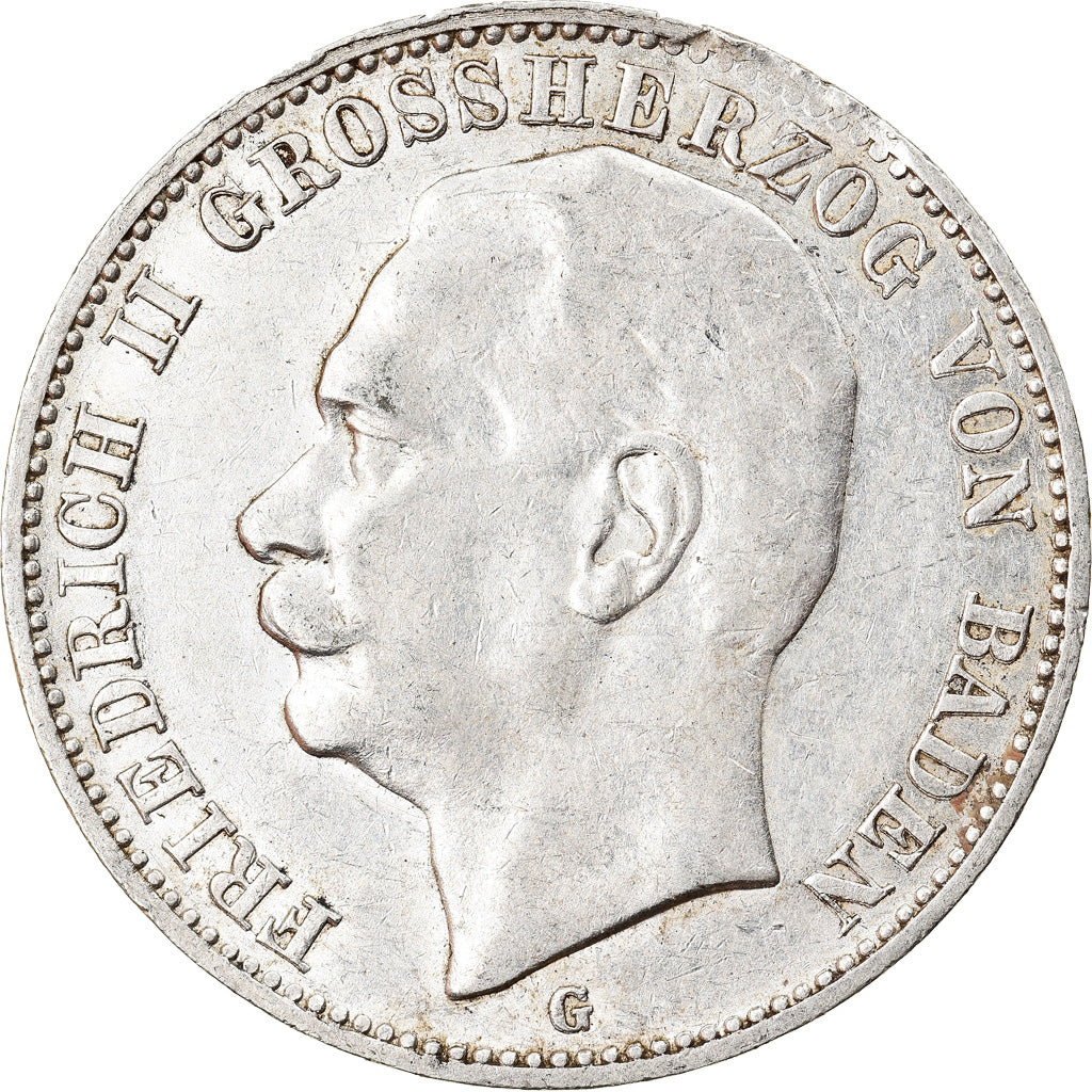 Coin, German States, BADEN, Friedrich II, 3 Mark, 1912, Karlsruhe, AU(50-53)
