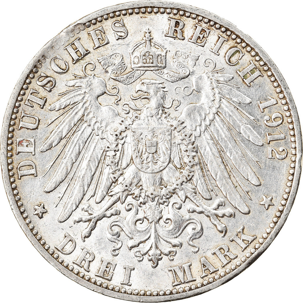 Coin, German States, BADEN, Friedrich II, 3 Mark, 1912, Karlsruhe, AU(50-53)