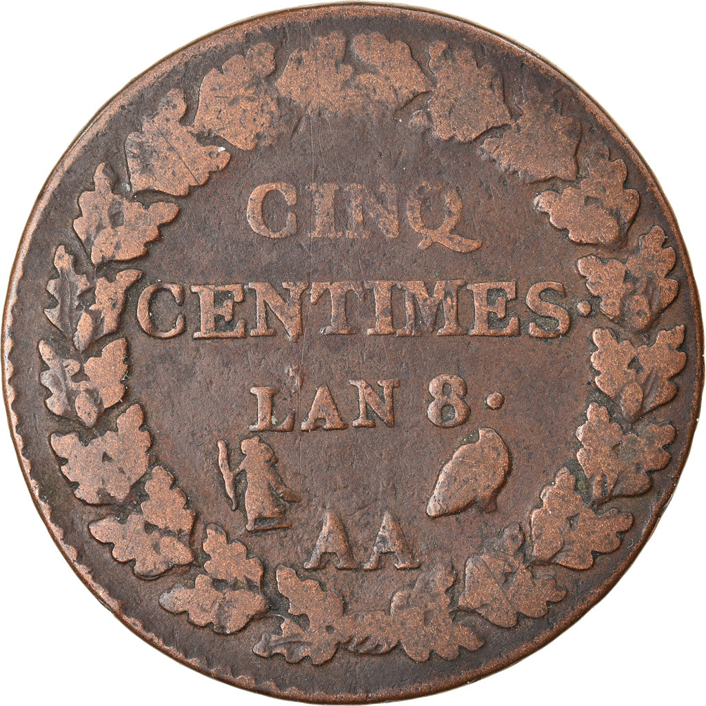 Moneta, Francja, Dupré, 5 Centimes, AN 8, Metz, VF(30-35), Bronze, KM:640.2