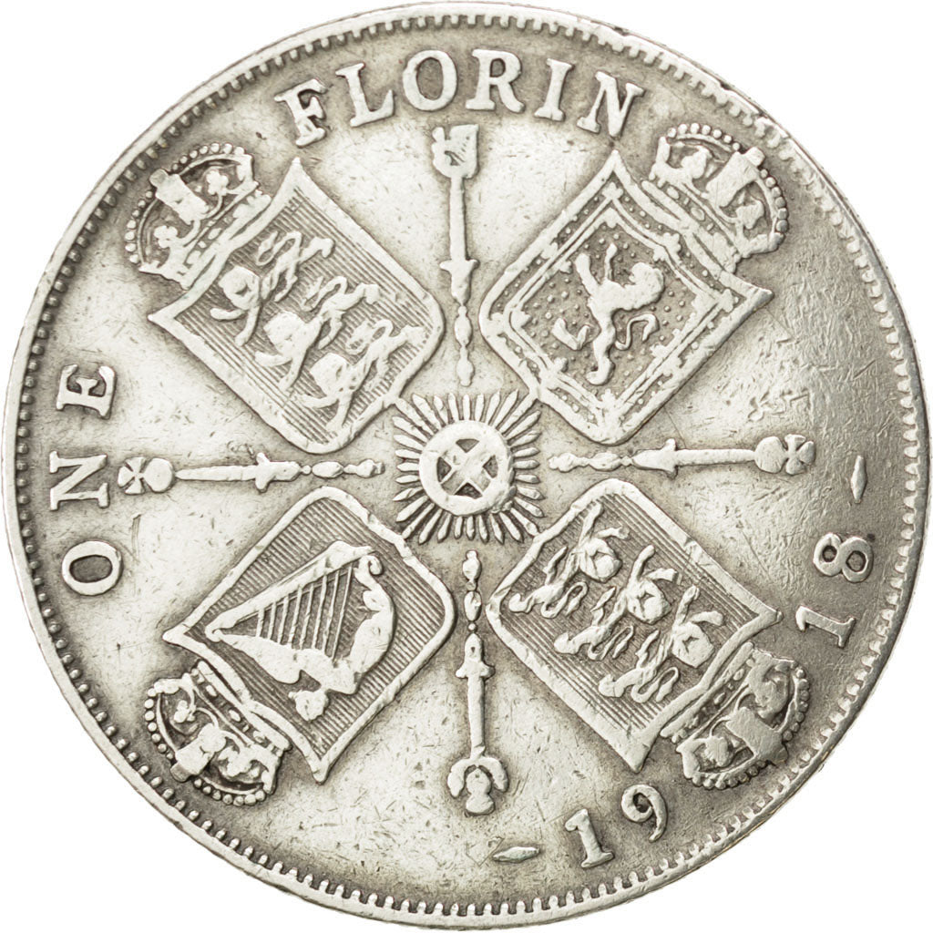 GREAT BRITAIN, Florin, Two Shillings, 1918, KM #817, VF(30-35), Silver, 28.3,...