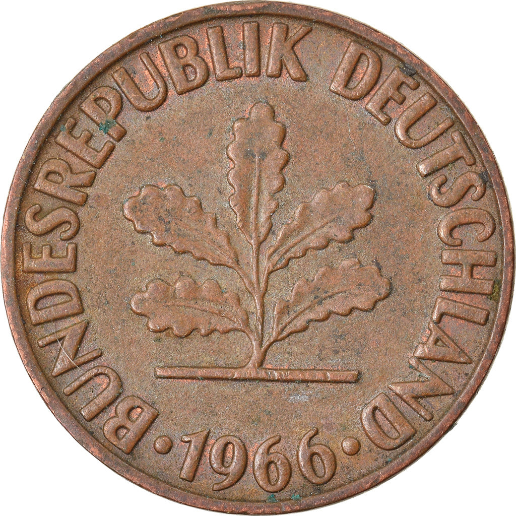 Coin, GERMANY - FEDERAL REPUBLIC, 2 Pfennig, 1966, Stuttgart, VF(30-35), Bronze