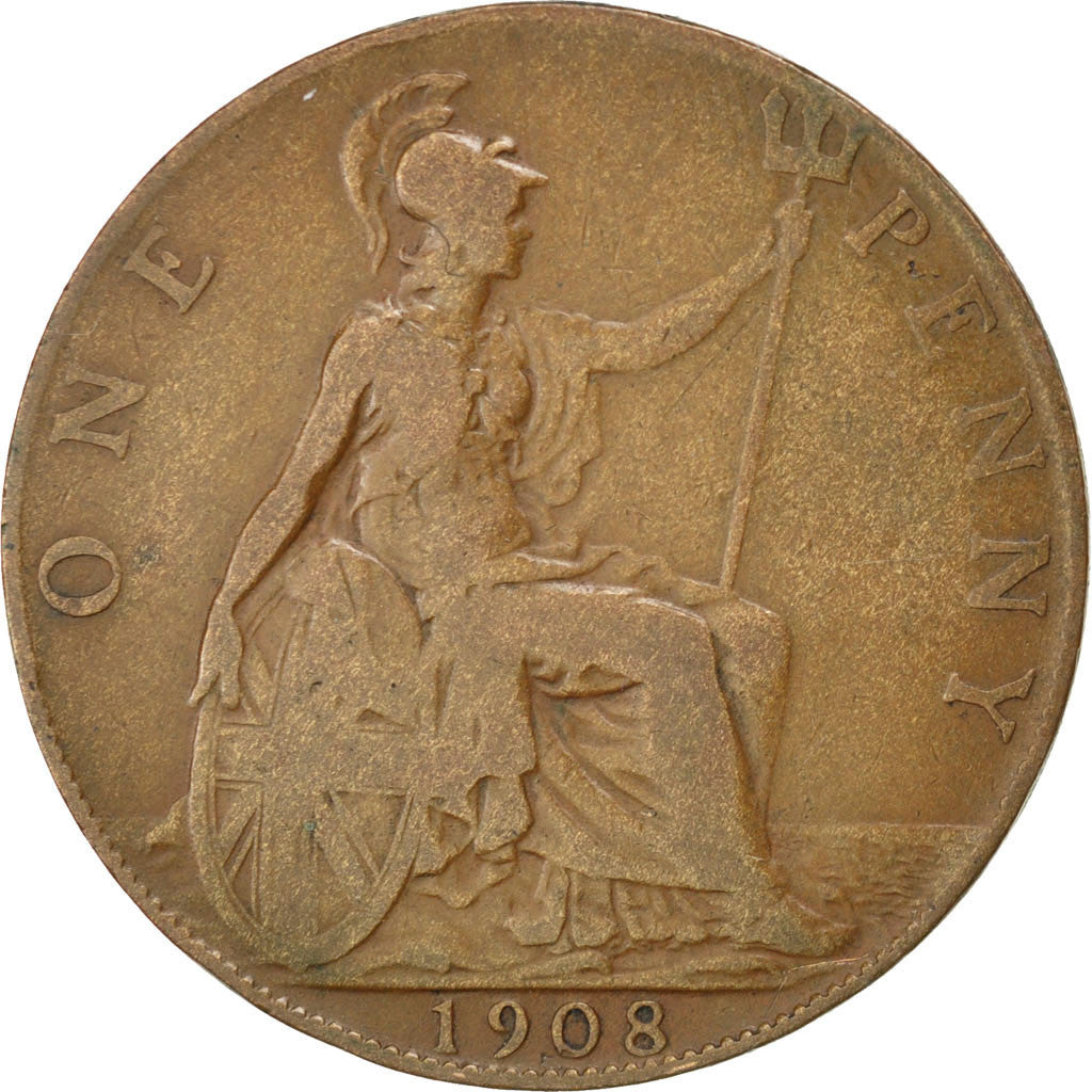 GREAT BRITAIN, Penny, 1908, KM #794.2, AU(50-53), Bronze, 31, 9.12