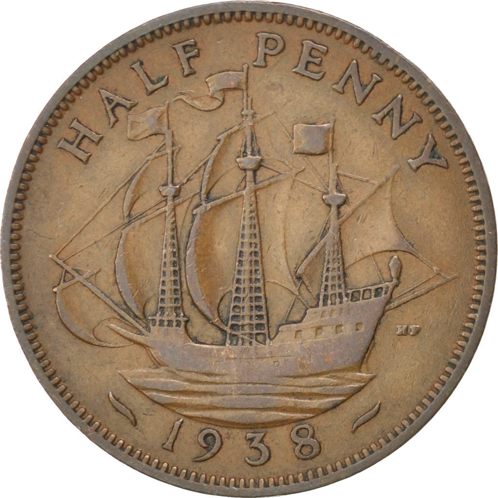 GREAT BRITAIN, 1/2 Penny, 1938, KM #844, AU(50-53), Bronze, 25.5, 5.63