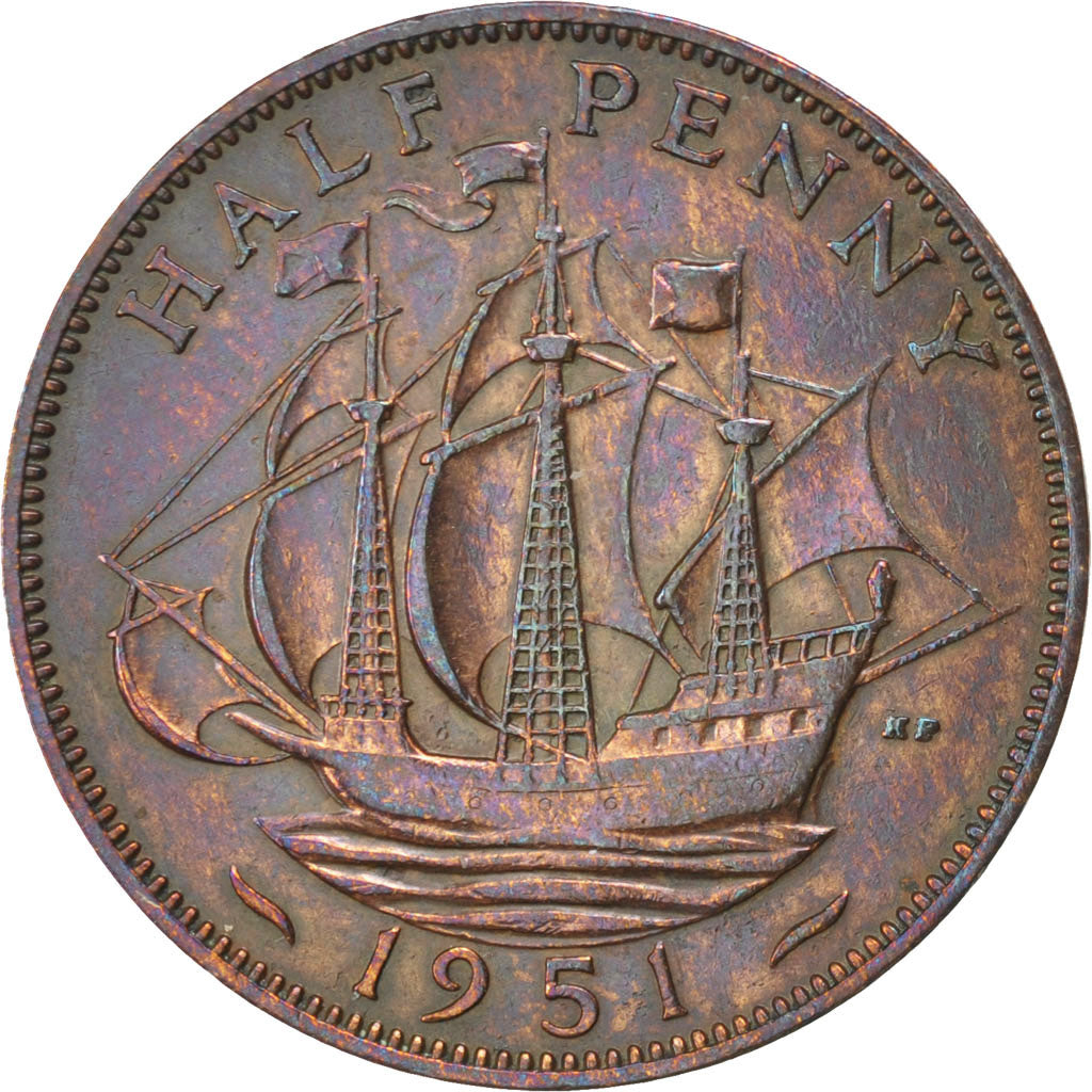 GREAT BRITAIN, 1/2 Penny, 1951, KM #868, AU(55-58), Bronze, 25.5, 5.68