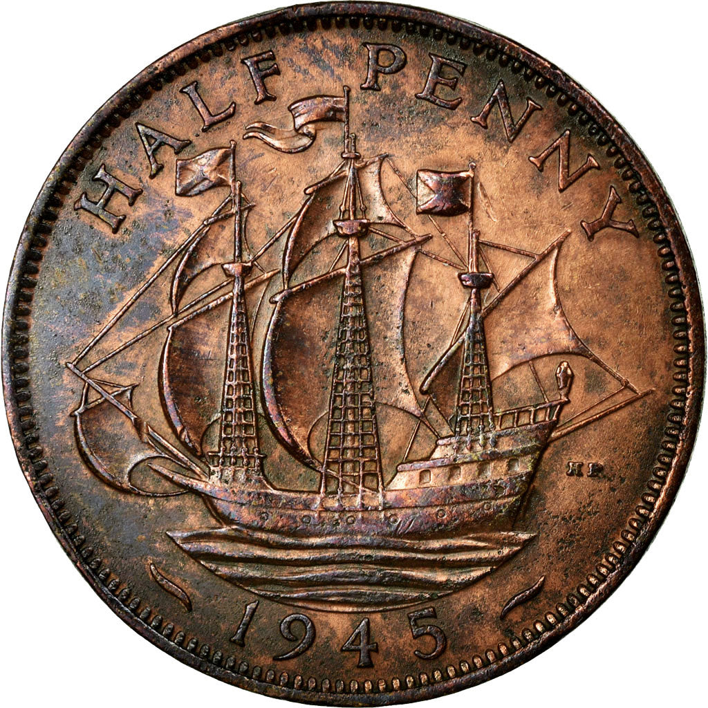 Coin, Great Britain, George VI, 1/2 Penny, 1945, AU(50-53), Bronze, KM:844