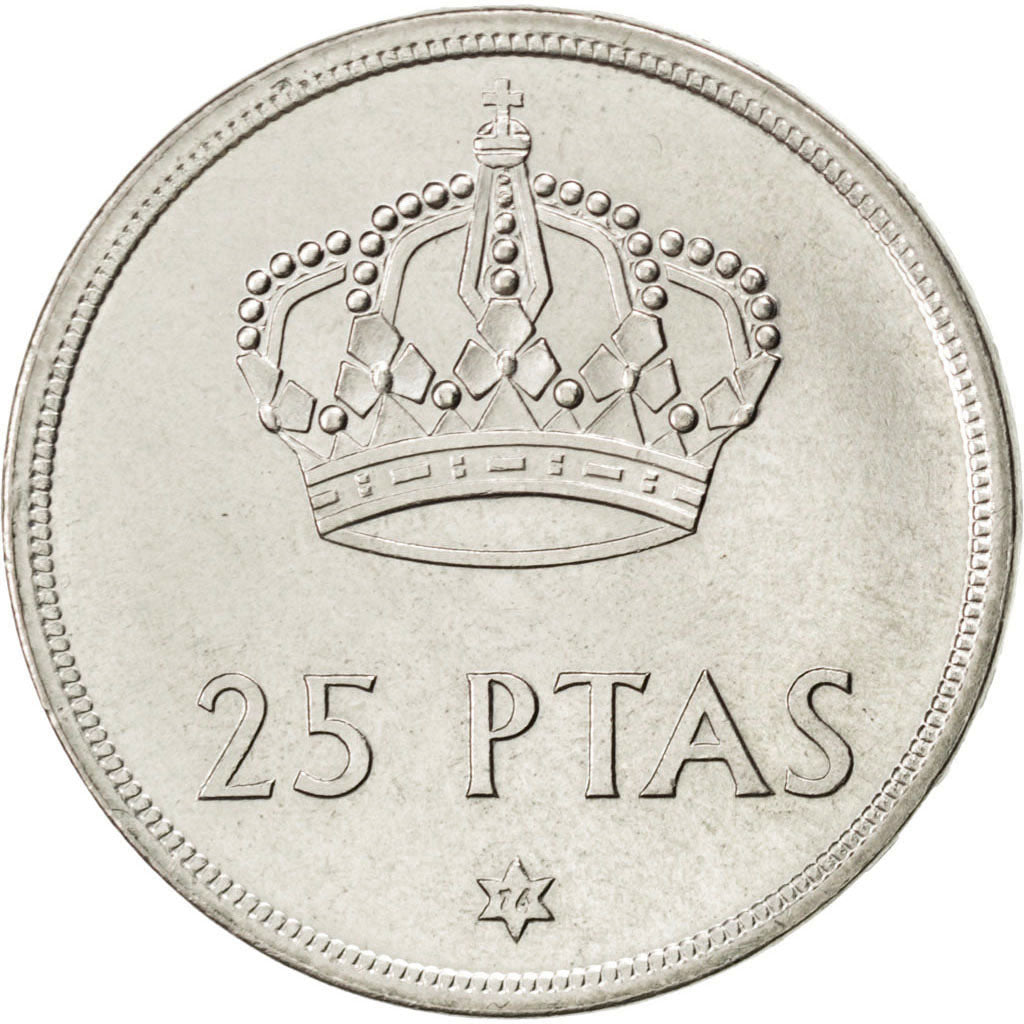 SPAIN, 25 Pesetas, 1975, KM #808, MS(60-62), Copper-Nickel, 26.5, 8.55
