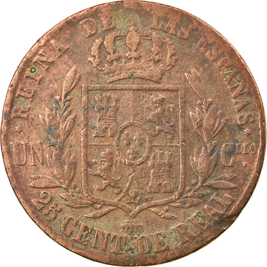 Coin, Spain, Isabel II, 25 Centimos, 1859, Segovia, VF(30-35), Copper, KM:615.2
