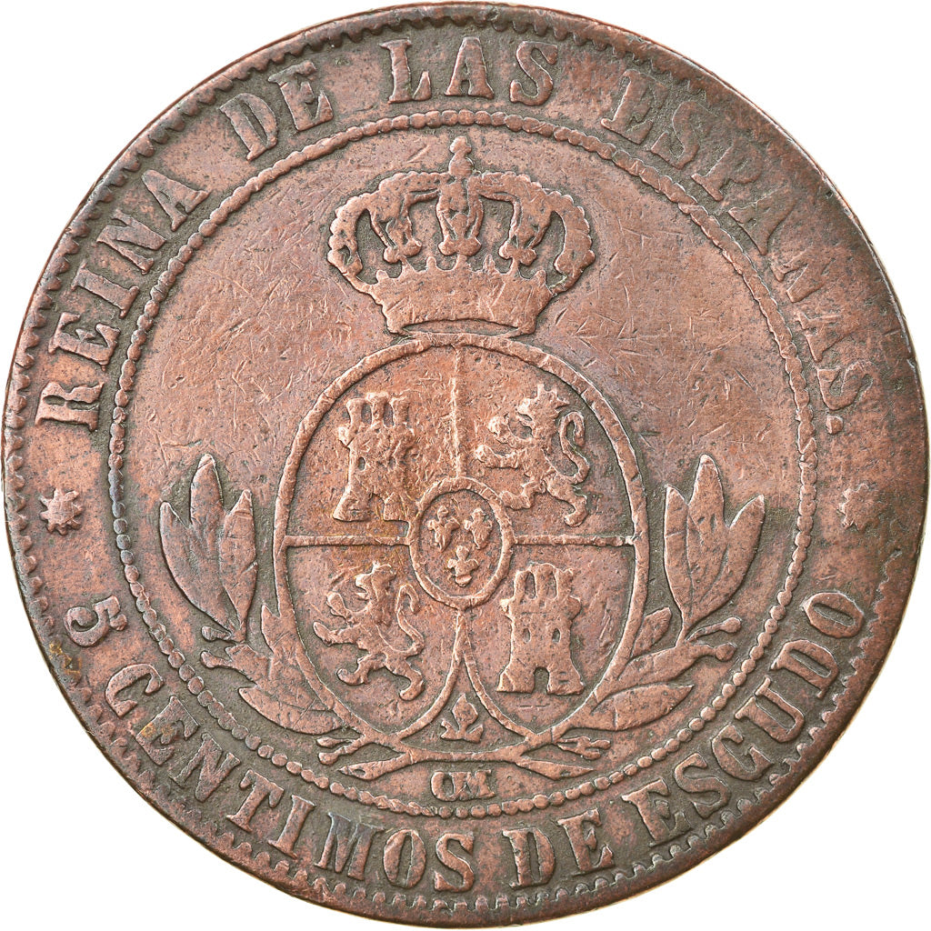 Coin, Spain, Isabel II, 5 Centimos, 1868, VF(30-35), Copper, KM:635.1
