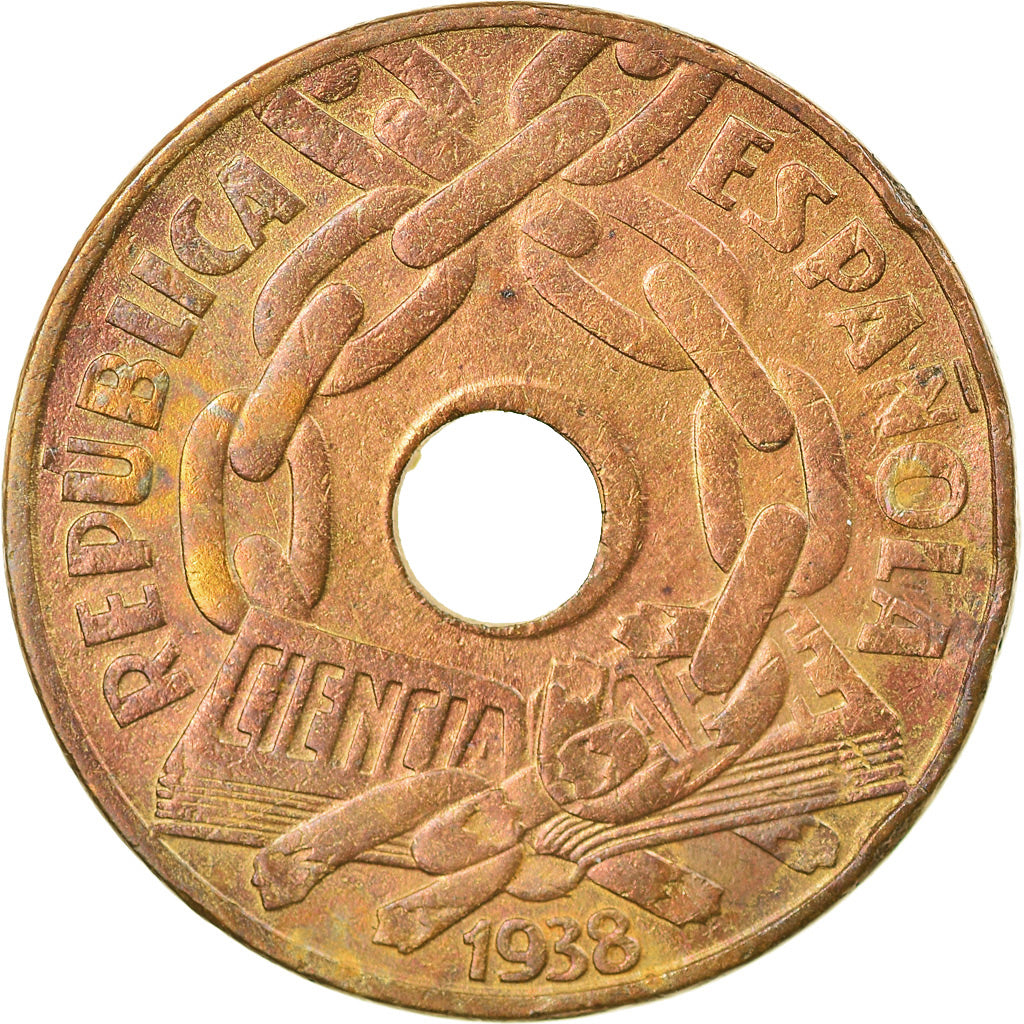 Coin, Spain, 25 Centimos, 1938, Brussels, VF(30-35), Copper, KM:757