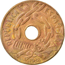 Coin, Spain, 25 Centimos, 1938, Brussels, VF(30-35), Copper, KM:757