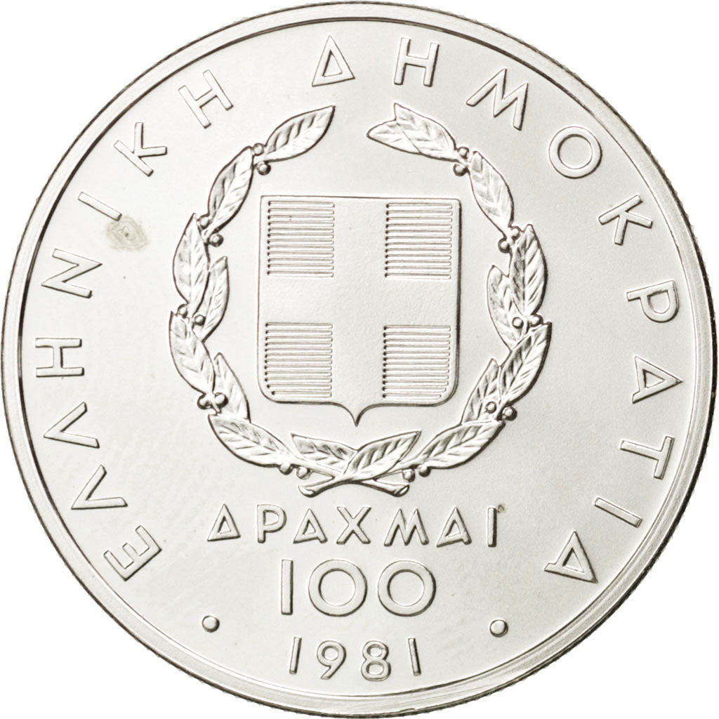 GREECE, 100 Drachmai, 1981, KM #125, MS(63), Silver, 5.84