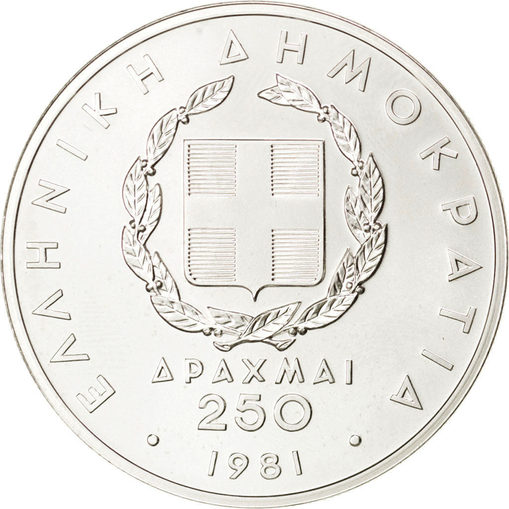 GREECE, 250 Drachmai, 1981, KM #126, MS(63), Silver, 14.53