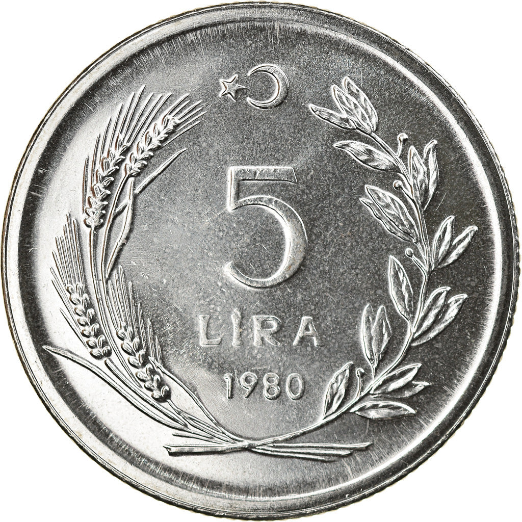 Coin, Turkey, 5 Lira, 1980, MS(60-62), Stainless Steel, KM:939