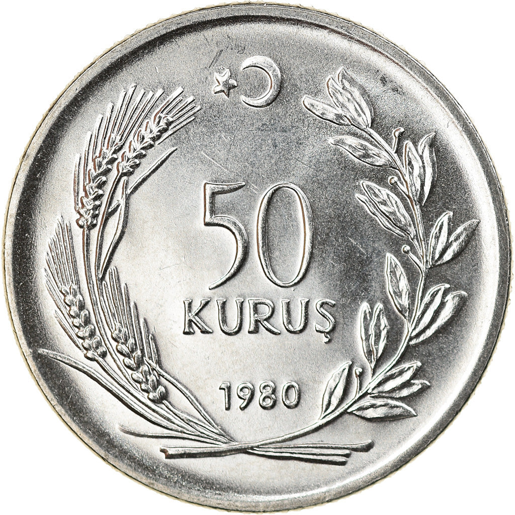 Coin, Turkey, 50 Kurus, 1980, AU(55-58), Stainless Steel, KM:936