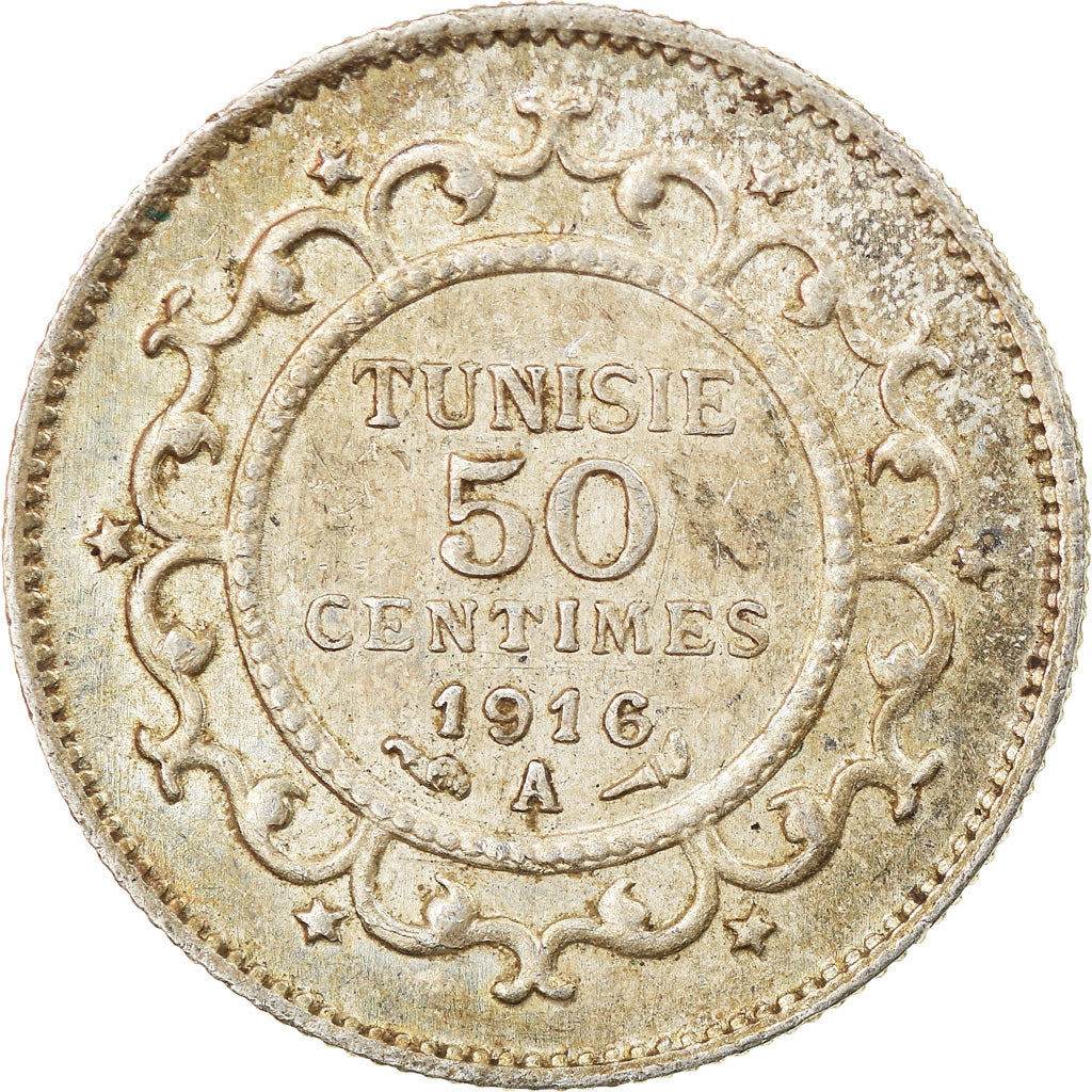 Coin, Tunisia, Muhammad al-Nasir Bey, 50 Centimes, 1916, Paris, EF(40-45)