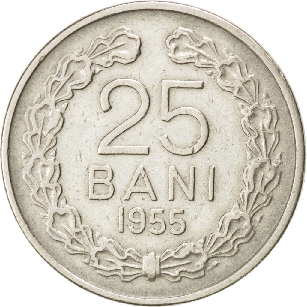 ROMANIA, 25 Bani, 1955, KM #85.3, EF(40-45), Copper-Nickel, 22, 3.51