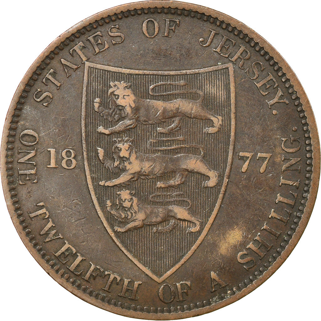 Coin, Jersey, Victoria, 1/12 Shilling, 1877, VF(30-35), Bronze, KM:8