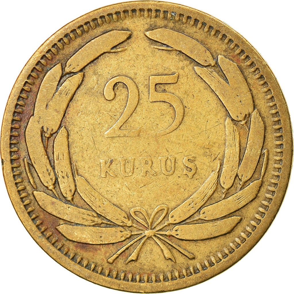 Moneta, Turcja, 25 Kurus, 1949, VF(30-35), Mosiądz, KM:886