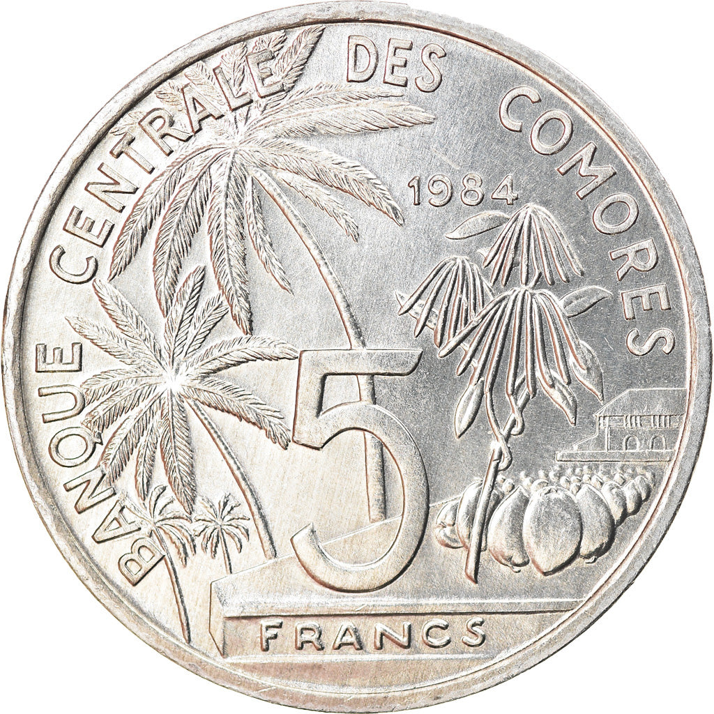 Coin, Comoros, 5 Francs, 1984, Paris, EF(40-45), Aluminum, KM:15