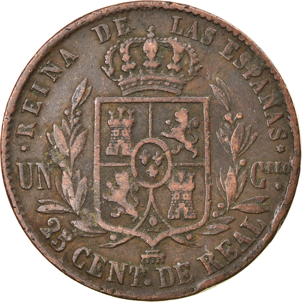 Moneta, Spagna, Isabel II, 25 Centimos, 1855, Segovia, MB+, Rame, KM:615.2