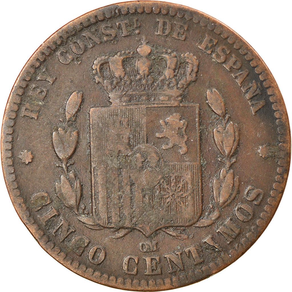 Munten, Spanje, Alfonso XII, 5 Centimos, 1879, Madrid, FR+, Bronze, KM:674