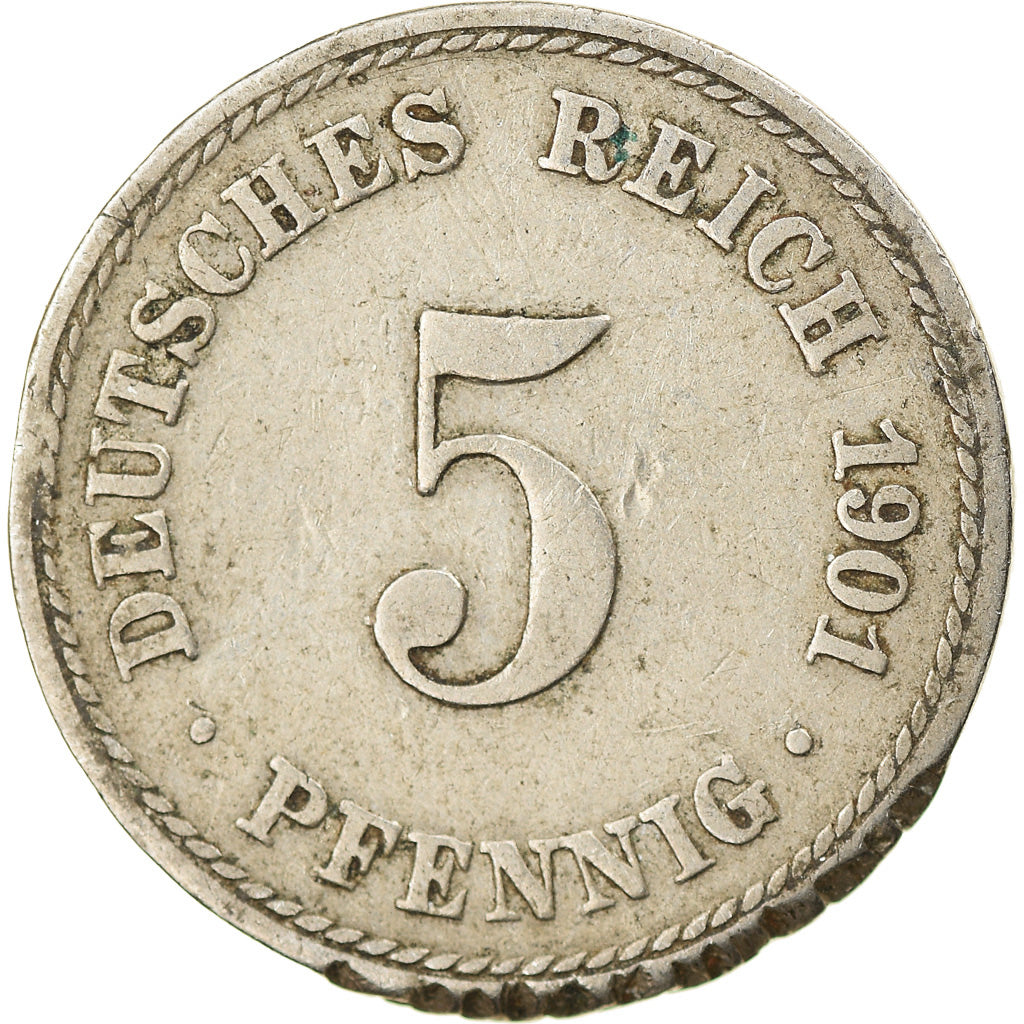 Moneda, ALEMANIA - IMPERIO, Wilhelm II, 5 Pfennig, 1901, Berlin, BC+, Cobre -
