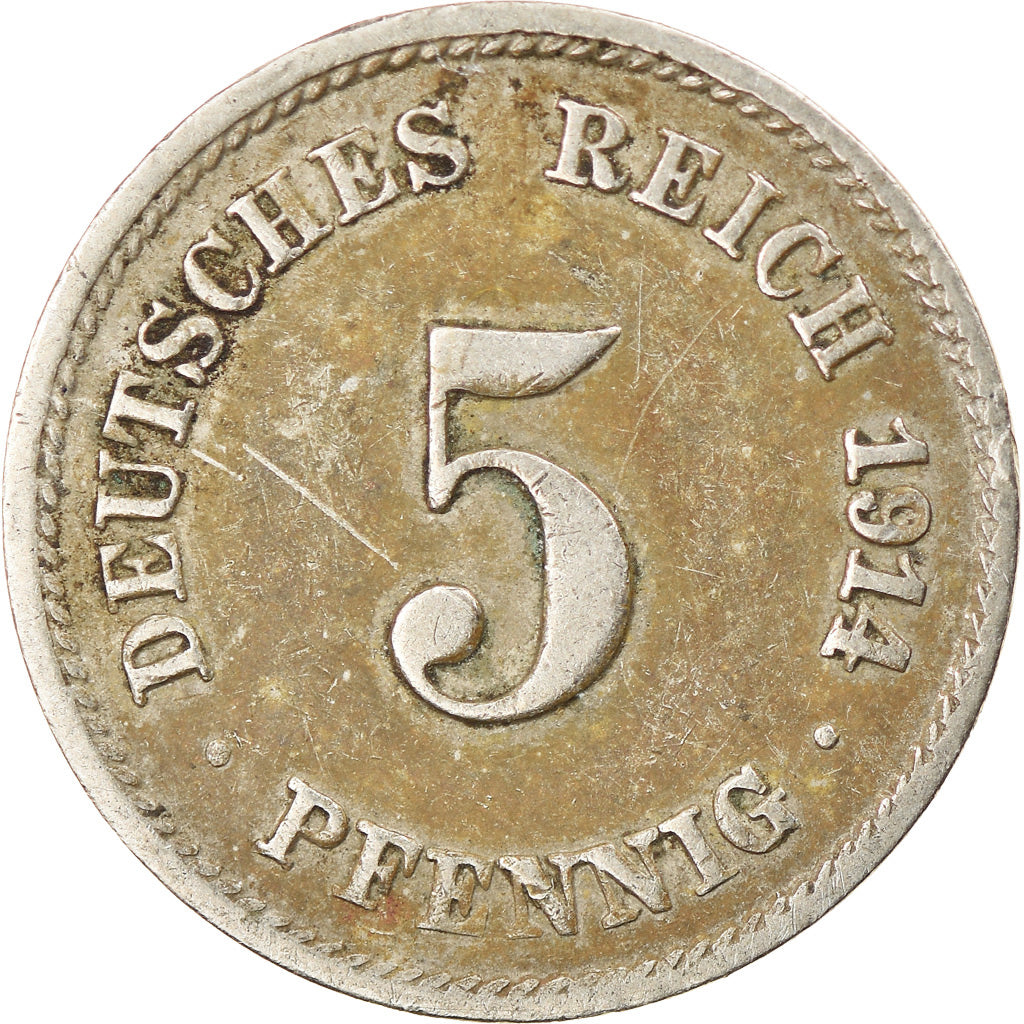 Moneda, ALEMANIA - IMPERIO, Wilhelm II, 5 Pfennig, 1914, Stuttgart, BC+, Cobre -