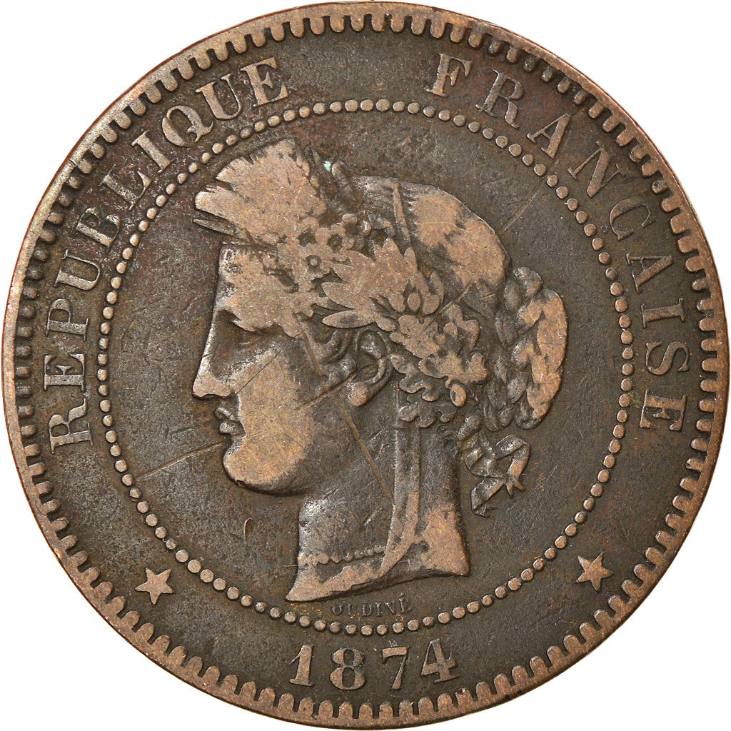 Coin, France, Cérès, 10 Centimes, 1874, Bordeaux, VF(30-35), Bronze, KM:815.2