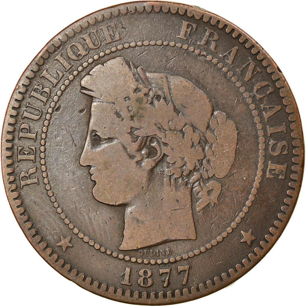 Moeda, França, Cérès, 10 Centimes, 1877, Bordeaux, EF(40-45), Bronze