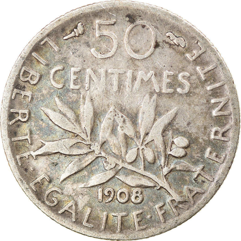 Coin, France, Semeuse, 50 Centimes, 1908, Paris, VF(30-35), Silver, KM:854