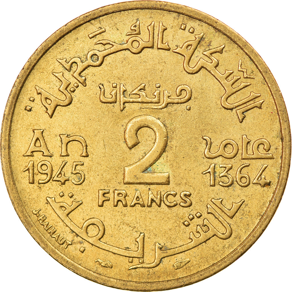 Coin, Morocco, Mohammed V, 2 Francs, 1945, Paris, EF(40-45), Aluminum-Bronze