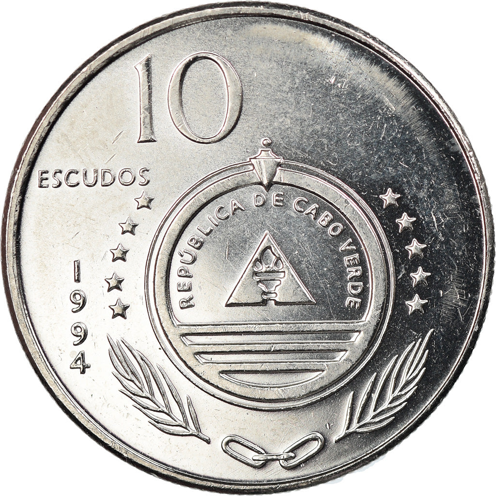 Coin, Cape Verde, 10 Escudos, 1994, EF(40-45), Nickel plated steel, KM:32