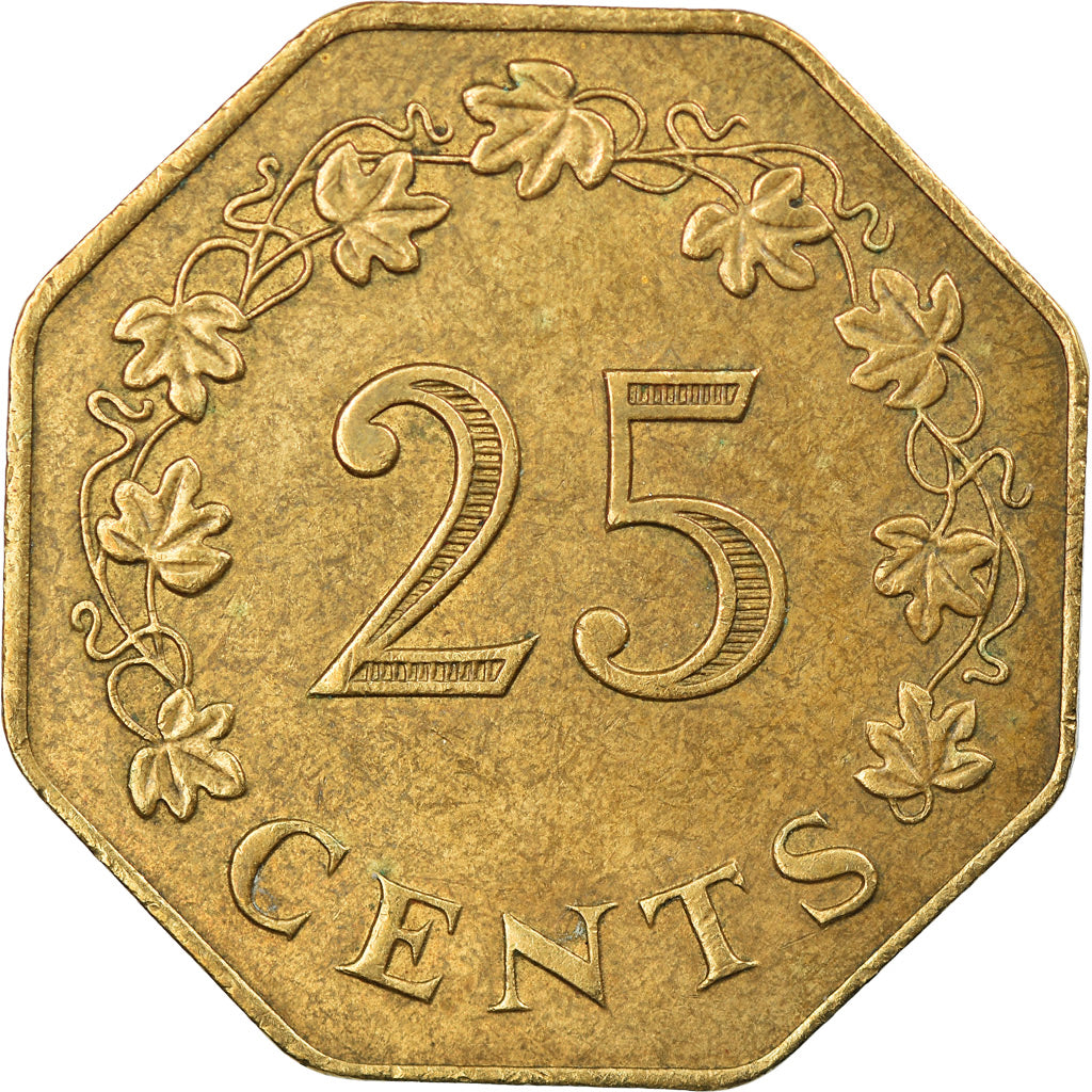 Coin, Malta, 25 Cents, 1975, British Royal Mint, VF(30-35), Brass, KM:29
