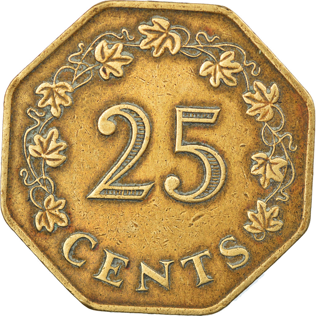 Coin, Malta, 25 Cents, 1975, British Royal Mint, VF(30-35), Brass, KM:29