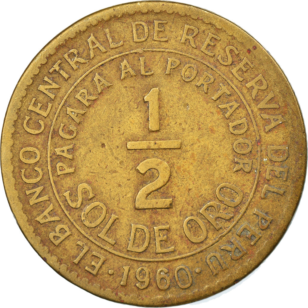 Moneda, Perú, 1/2 Sol, 1960, Lima, BC+, Latón, KM:220.5