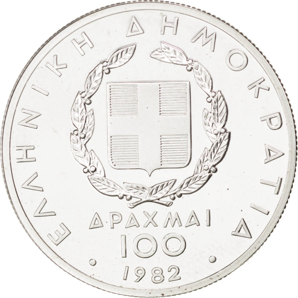 GREECE, 100 Drachmai, 1982, KM #136, MS(65-70), Silver, 5.88
