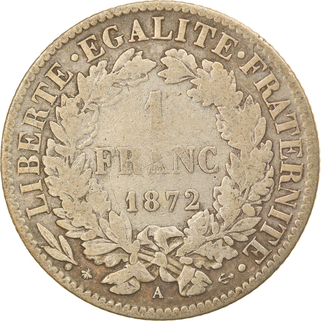Coin, France, Cérès, Franc, 1872, Paris, VF(30-35), Silver, KM:822.1