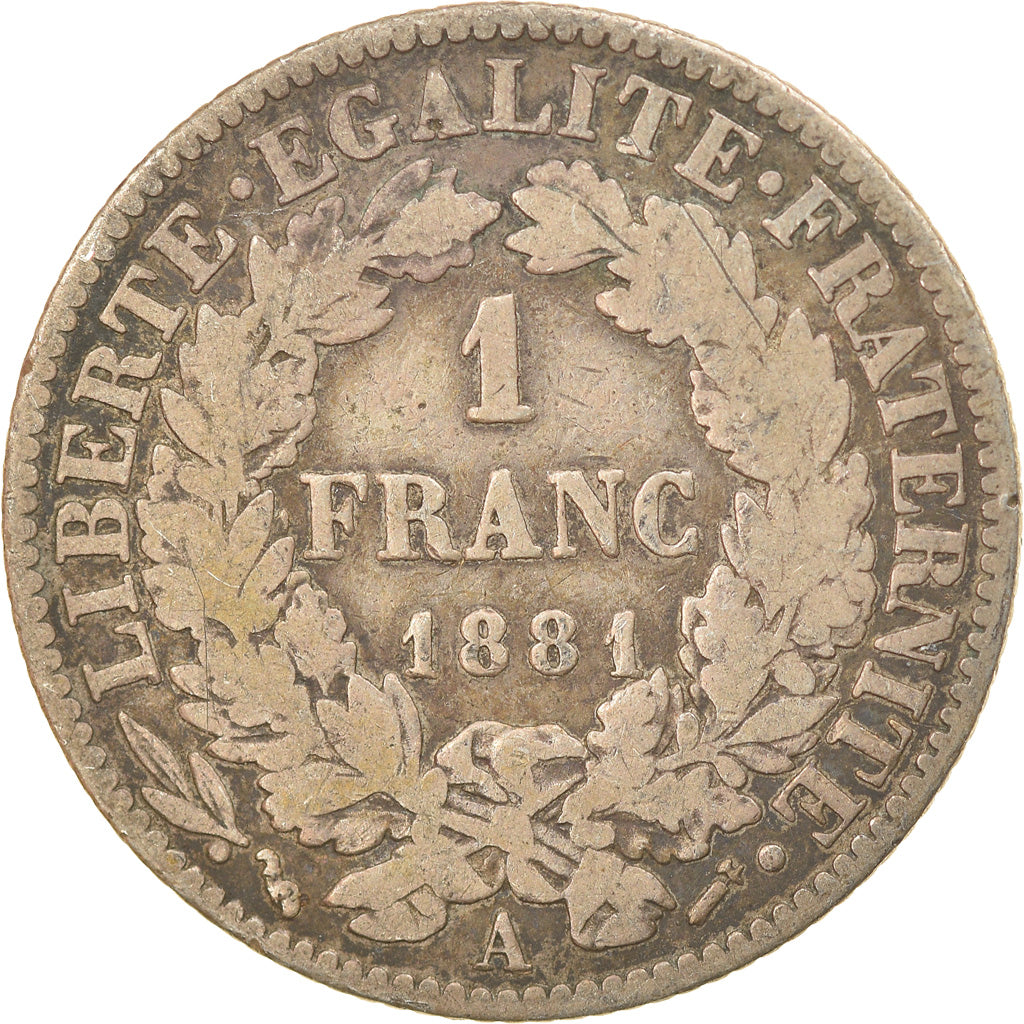 Coin, France, Cérès, Franc, 1881, Paris, VF(20-25), Silver, KM:822.1