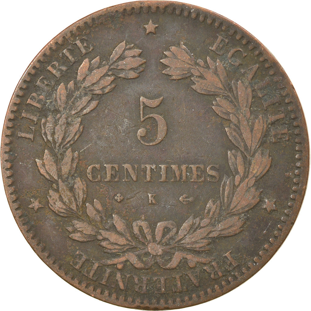 Moneta, Francja, Cérès, 5 Centimes, 1877, Bordeaux, EF(40-45), Bronze