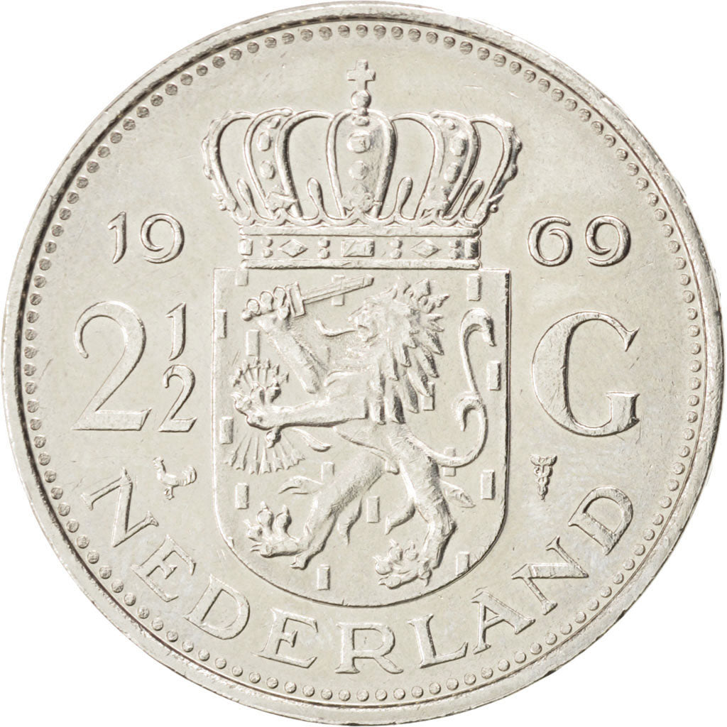 Paesi Bassi, Juliana, 2-1/2 Gulden, 1969, BB+, Nichel, KM:191
