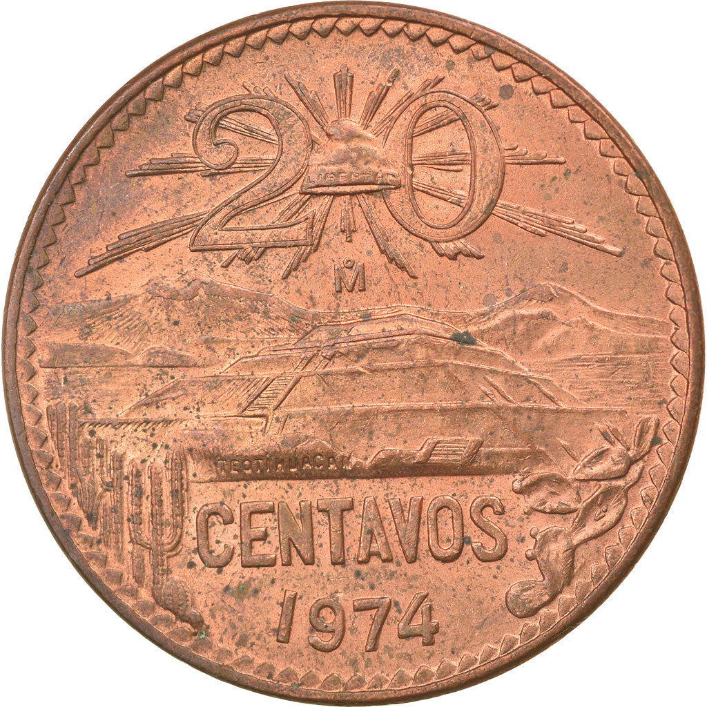 Coin, Mexico, 20 Centavos, 1974, Mexico City, VF(30-35), Bronze, KM:441