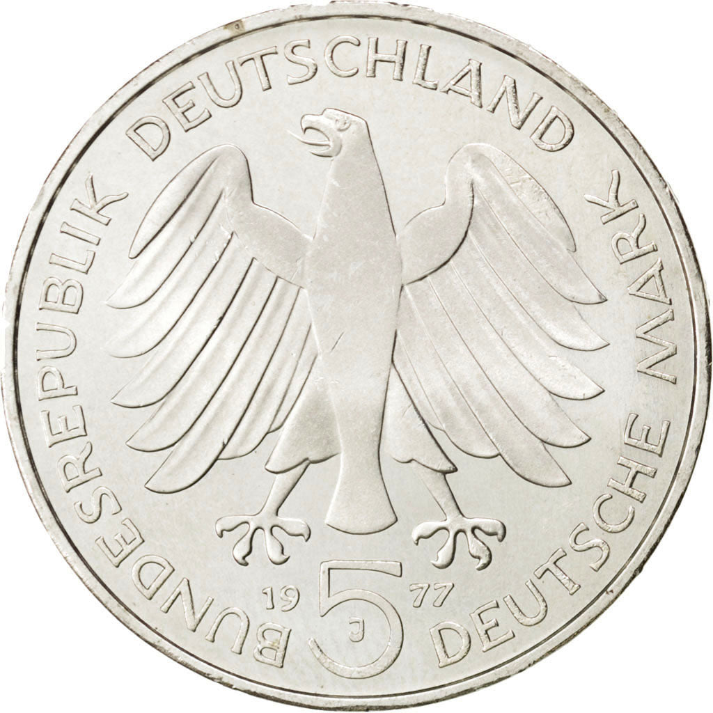 GERMANY - FEDERAL REPUBLIC, 5 Mark, 1977, Hamburg, KM #145, MS(60-62), Silver,..