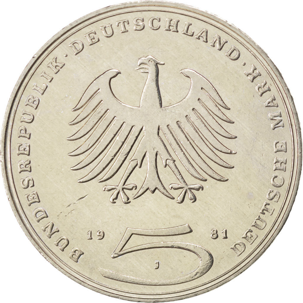 GERMANY - FEDERAL REPUBLIC, 5 Mark, 1981, Hamburg, KM #154, MS(60-62),...