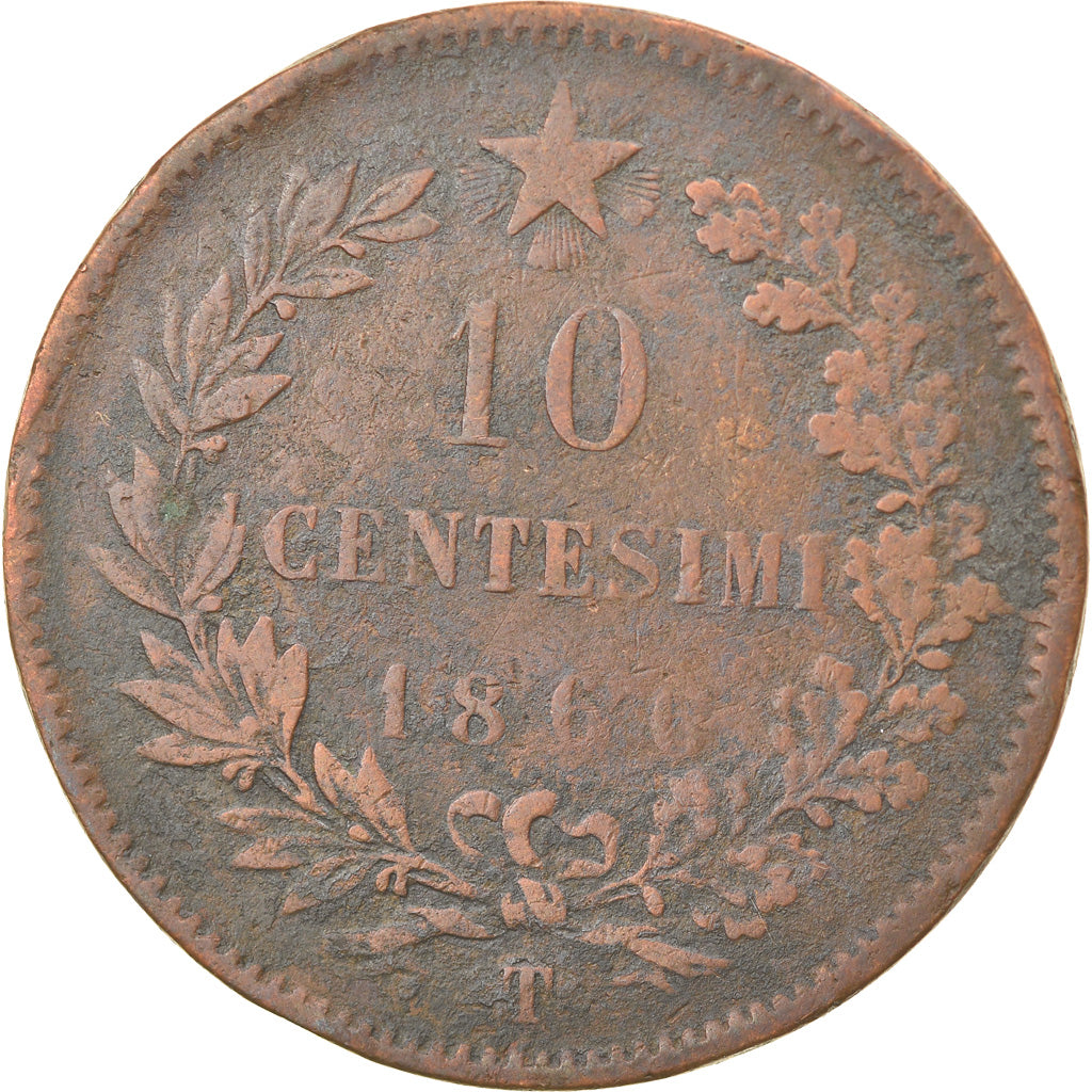 Monnaie, Italie, Vittorio Emanuele II, 10 Centesimi, 1866, Torino, TB+, Cuivre