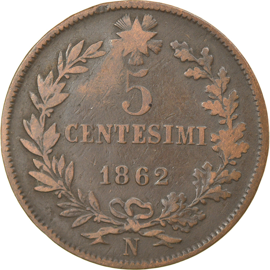 Monnaie, Italie, Vittorio Emanuele II, 5 Centesimi, 1862, Naples, TB+, Cuivre