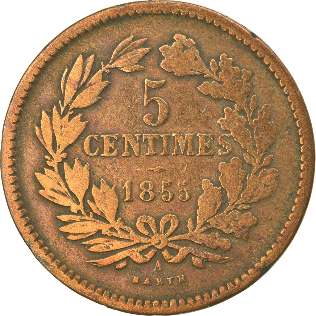 Moneta, Luksemburg, William III, 5 Centimes, 1855, Paris, VF(30-35), Bronze