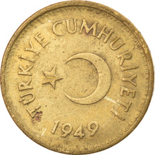 Moneda, Turquía, 5 Kurus, 1949, BC+, Latón, KM:887