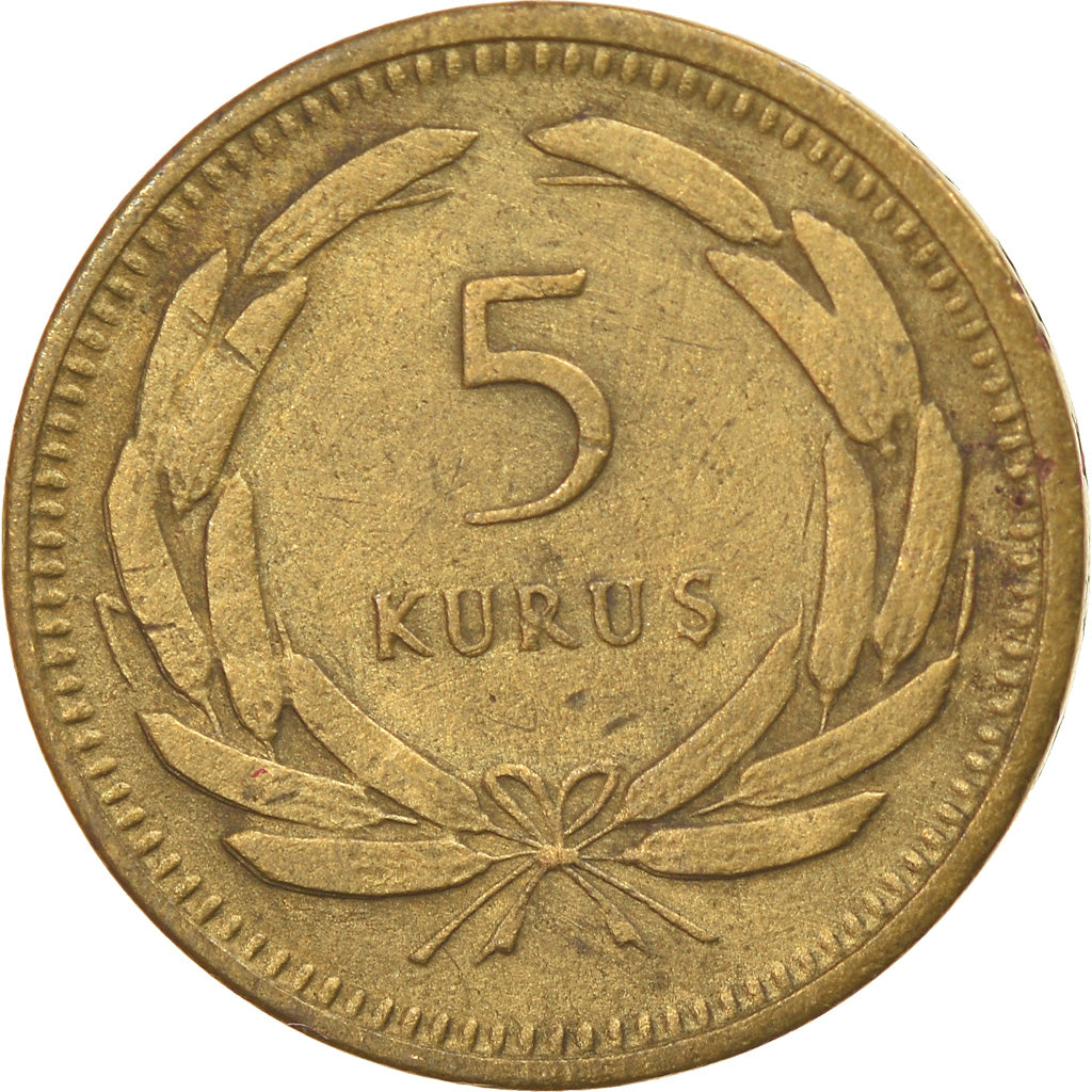 Moneda, Turquía, 5 Kurus, 1949, BC+, Latón, KM:887
