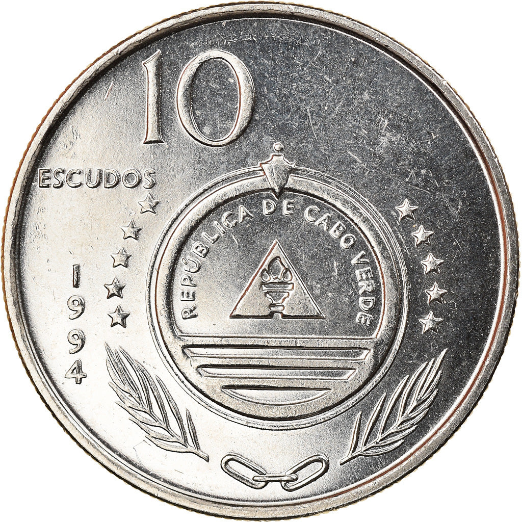 Moneta, Capo Verde, 10 Escudos, 1994, BB, Acciaio placcato nichel, KM:29