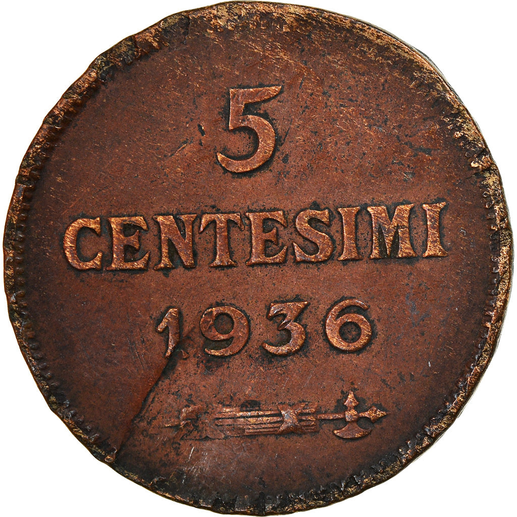 Coin, San Marino, 5 Centesimi, 1936, Rome, VF(30-35), Bronze, KM:12